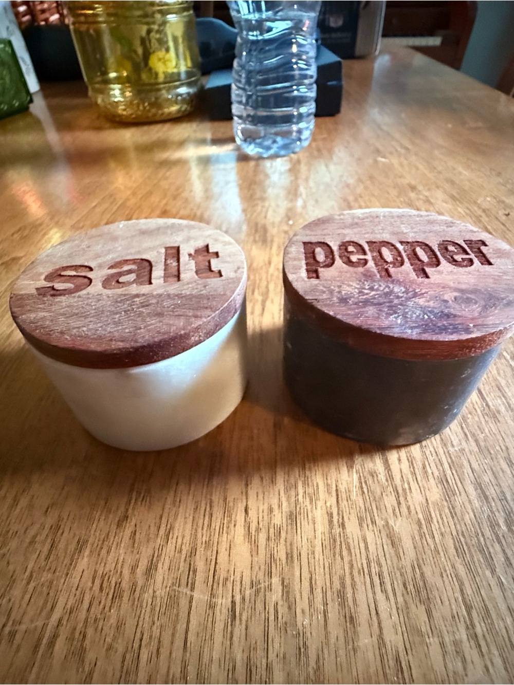 Wood Top Salt & Pepper Ceramic Jars - White & Black
